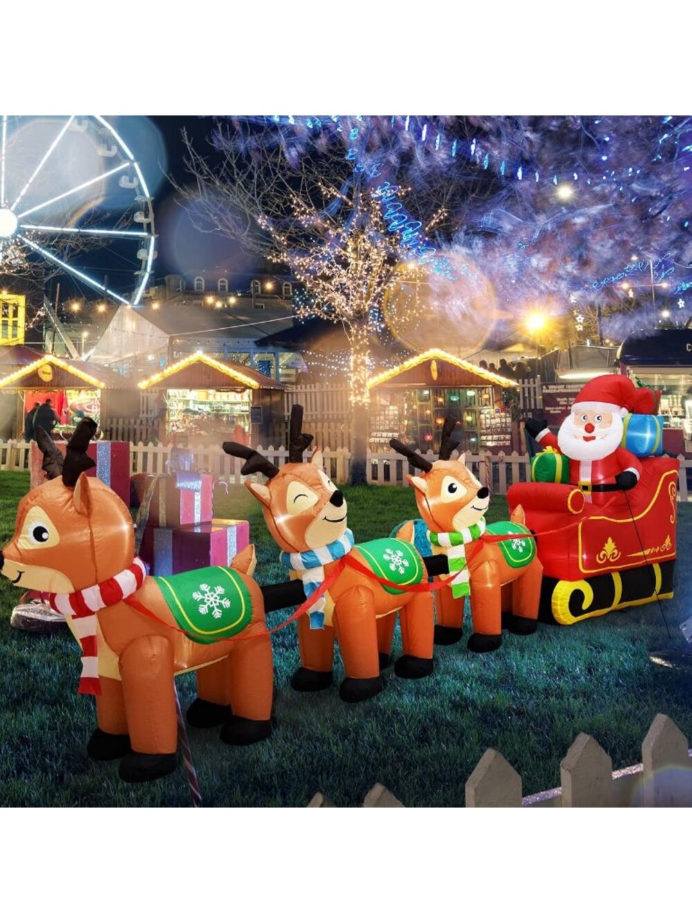 Giant 12 Ft Inflatable Santa Sleigh & Reindeer - LED Christmas Yard Decor